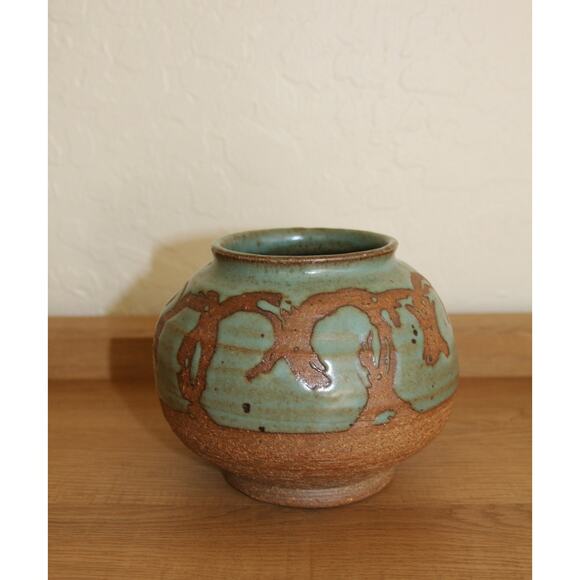Small Vintage Studio Pottery Stoneware Glazed Pot Unsigned Turquoise Green Brown - Picture 1 of 5